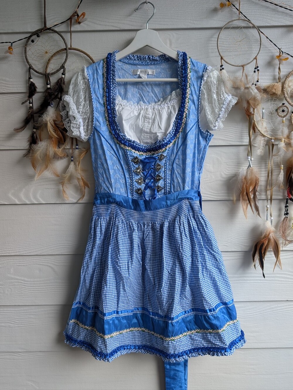 Stunning Blue German Gingham Dirndl Dress with White Lace Blouse